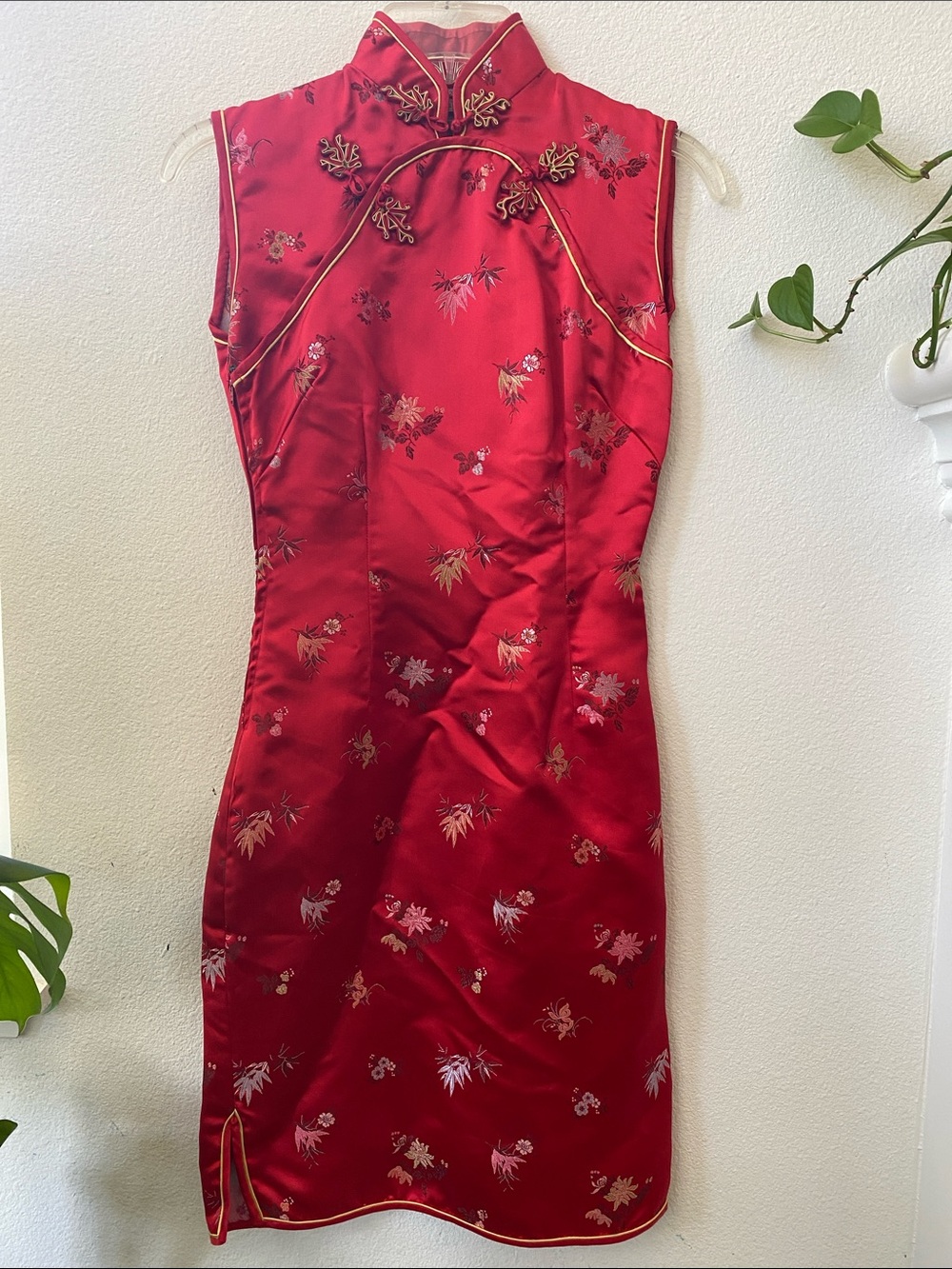 Vintage Early 90’s Red Satin Cheongsam/Qipao Dress - Floral Mandarin Collar